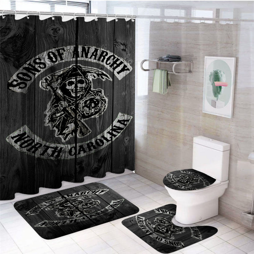 Sons Of Anarchy North Carolina Logo Dark Wood Wallpaper 4Pcs Bathroom Non-Slip Rugs Shower Curtain Fabric Waterproof
