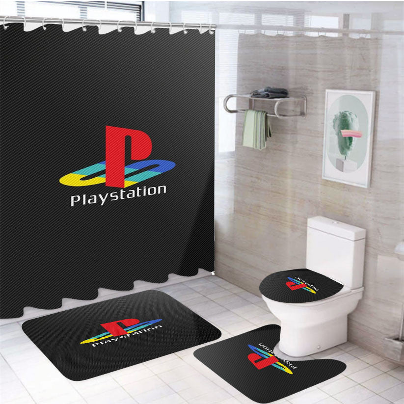 Sony Playstation Logo Dark 4Pcs Bathroom Non-Slip Rugs Shower Curtain Fabric Waterproof