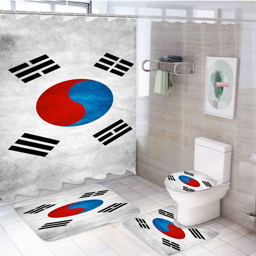 South Korea Flag 4Pcs Bathroom Non-Slip Rugs Shower Curtain Fabric Waterproof