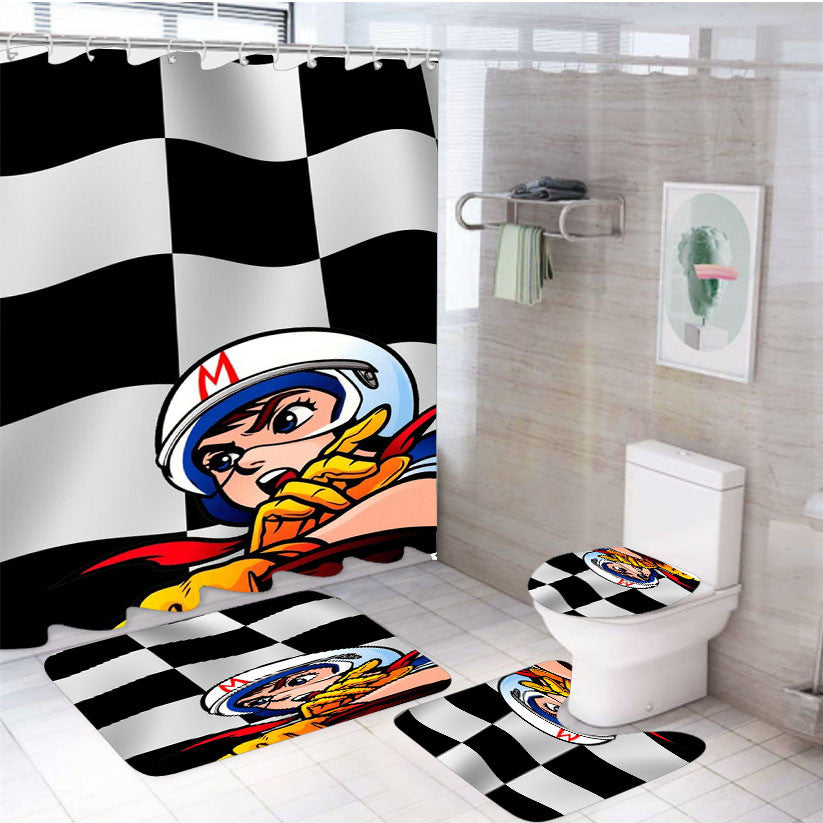 Speed Racer Checkered Flag 4Pcs Bathroom Non-Slip Rugs Shower Curtain Fabric Waterproof