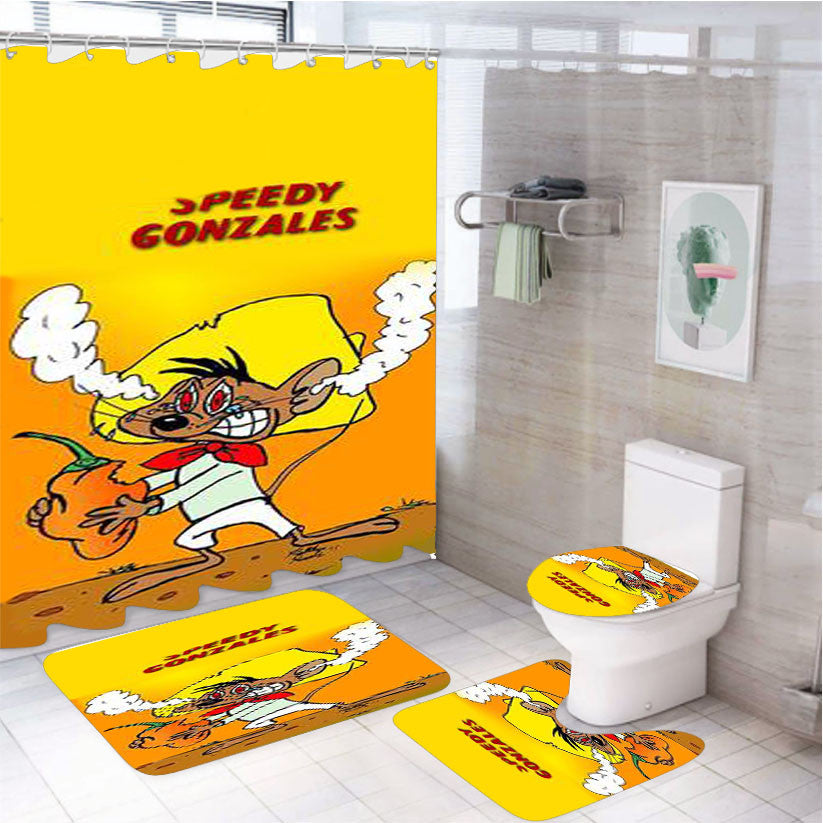 Speedy Gonzales Cartoon 2 4Pcs Bathroom Non-Slip Rugs Shower Curtain Fabric Waterproof