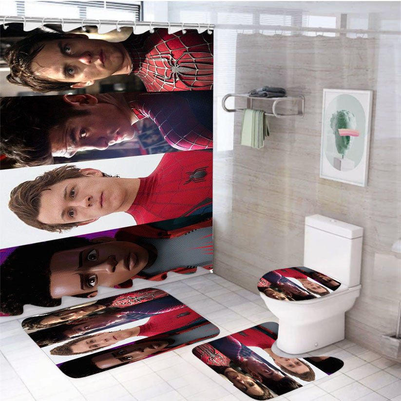 Spider Man Character 4Pcs Bathroom Non-Slip Rugs Shower Curtain Fabric Waterproof