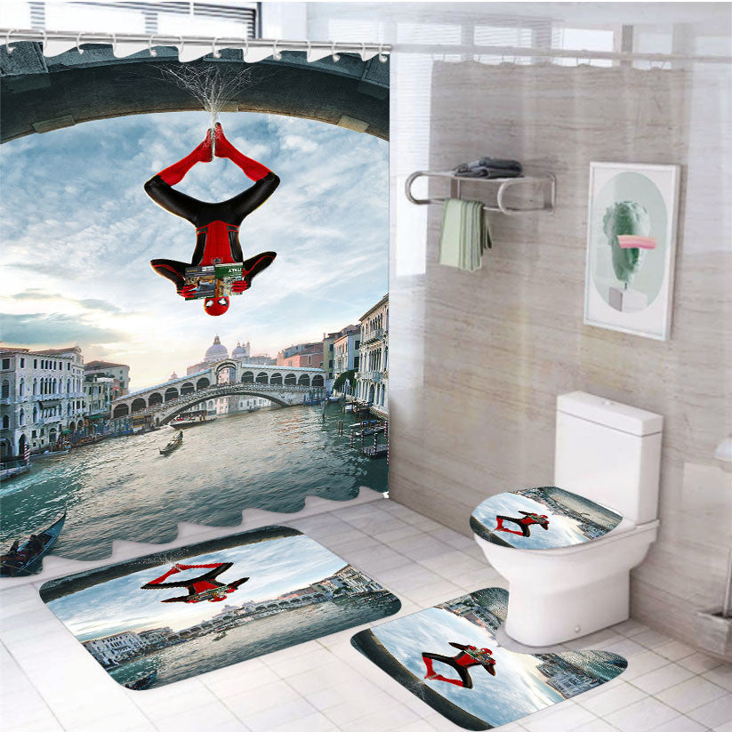 Spider Man Far From 4Pcs Bathroom Non-Slip Rugs Shower Curtain Fabric Waterproof