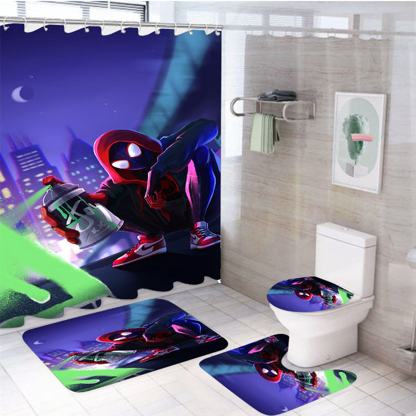Spider Man Miles Morales Spray Paint Mural 4Pcs Bathroom Non-Slip Rugs Shower Curtain Fabric Waterproof