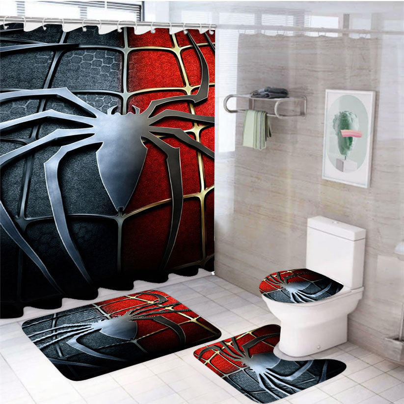 Spiderman Black Red Chest Logo 4Pcs Bathroom Non-Slip Rugs Shower Curtain Fabric Waterproof