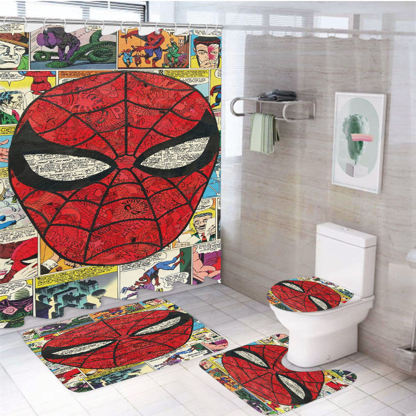 Spiderman Collage 4Pcs Bathroom Non-Slip Rugs Shower Curtain Fabric Waterproof
