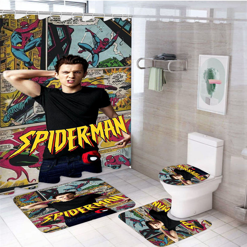 Spiderman Comic X Tom Holland 4Pcs Bathroom Non-Slip Rugs Shower Curtain Fabric Waterproof