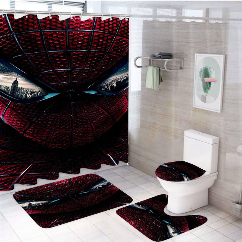 Spiderman Face Custom 4Pcs Bathroom Non-Slip Rugs Shower Curtain Fabric Waterproof