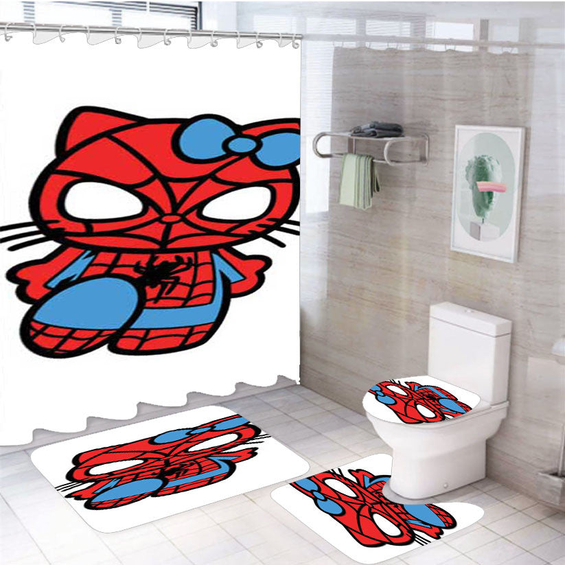Spiderman Hello Kitty 4Pcs Bathroom Non-Slip Rugs Shower Curtain Fabric Waterproof