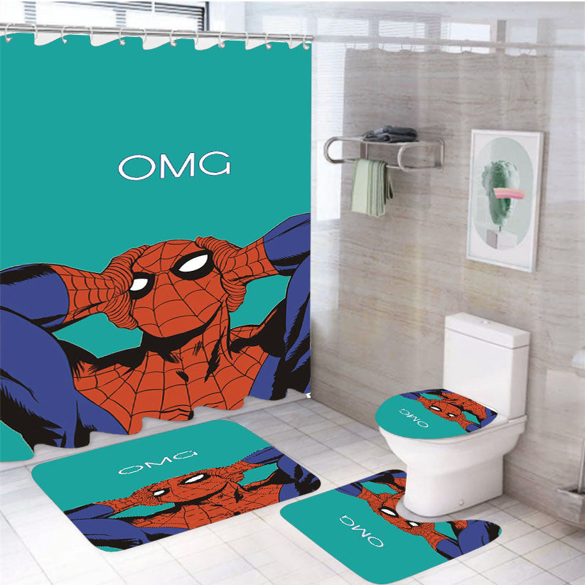 Spiderman Illustrations 4Pcs Bathroom Non-Slip Rugs Shower Curtain Fabric Waterproof