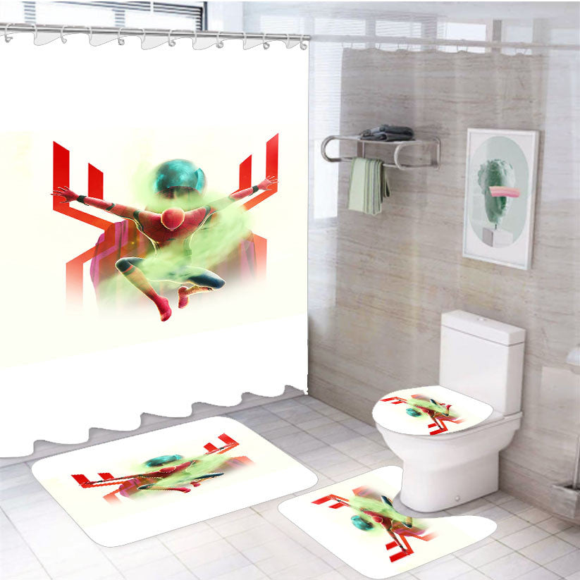 Spiderman Mysterio Spiderman Far From Home 4Pcs Bathroom Non-Slip Rugs Shower Curtain Fabric Waterproof