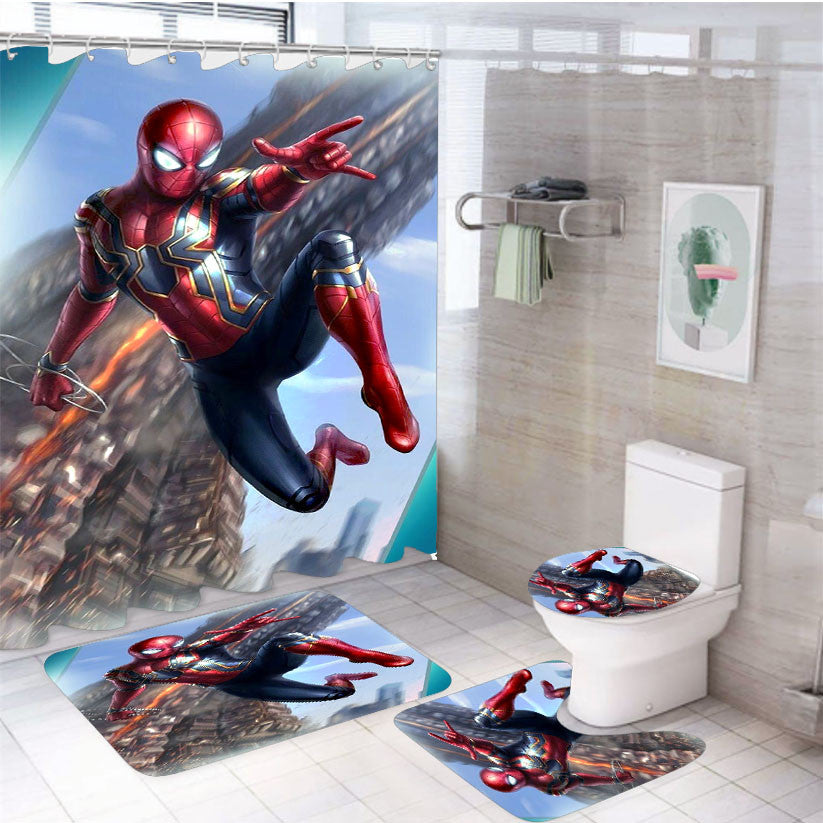 Spiderman The Best Scene 4Pcs Bathroom Non-Slip Rugs Shower Curtain Fabric Waterproof
