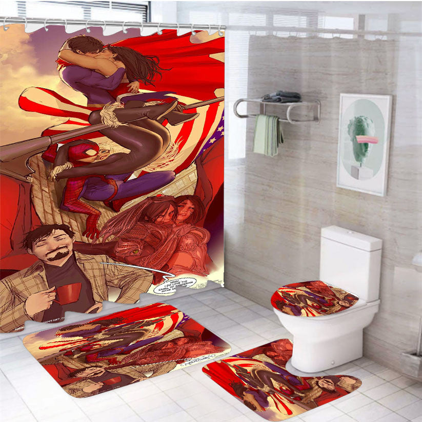 Spiderman Usa 4Pcs Bathroom Non-Slip Rugs Shower Curtain Fabric Waterproof