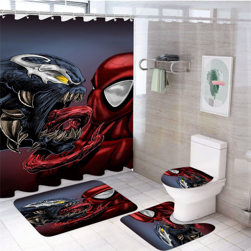 Spiderman Vs Venom Artwork 4Pcs Bathroom Non-Slip Rugs Shower Curtain Fabric Waterproof