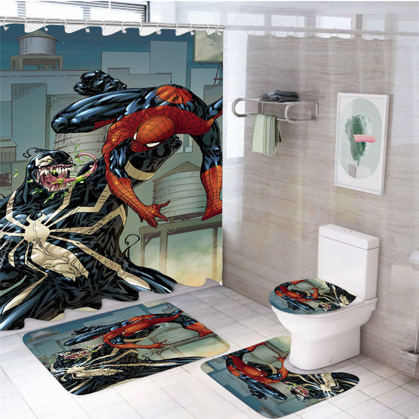 Spiderman Vs Venom Comic 4Pcs Bathroom Non-Slip Rugs Shower Curtain Fabric Waterproof