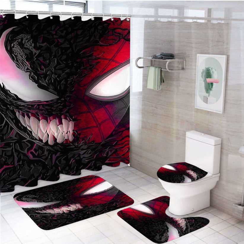 Spiderman X Venom Mask Face Wallpapers 4Pcs Bathroom Non-Slip Rugs Shower Curtain Fabric Waterproof
