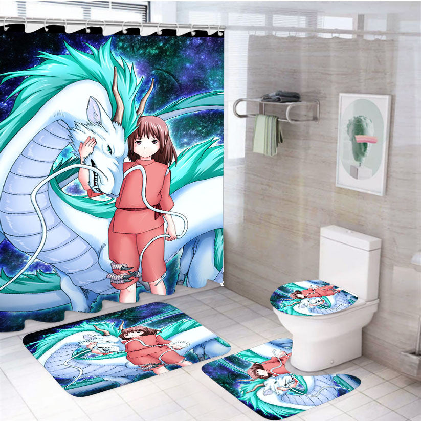 Spirited Away On Galaxy Nebula 4Pcs Bathroom Non-Slip Rugs Shower Curtain Fabric Waterproof