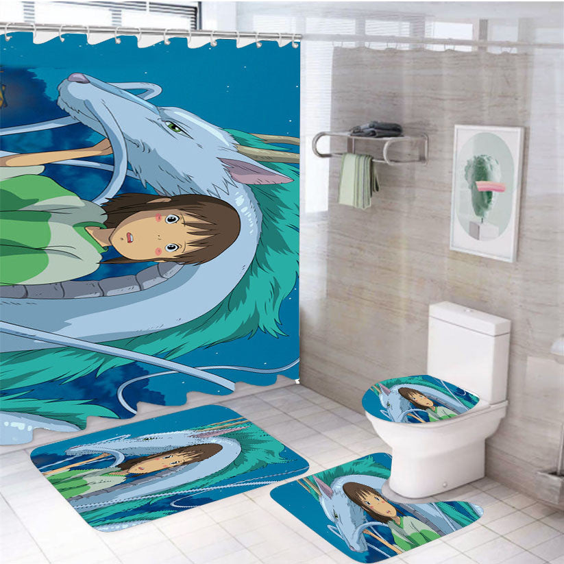 Spirited Away Spirit 4Pcs Bathroom Non-Slip Rugs Shower Curtain Fabric Waterproof