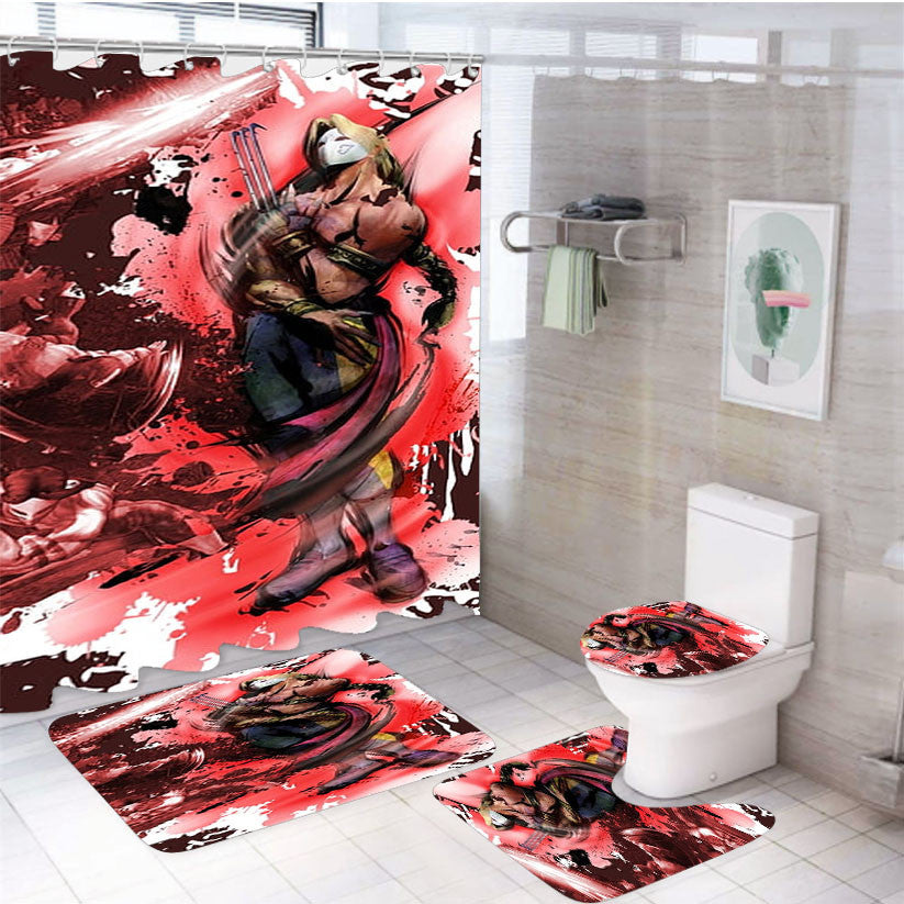 Splat Art Watercolor Vega Street Fighter 4Pcs Bathroom Non-Slip Rugs Shower Curtain Fabric Waterproof