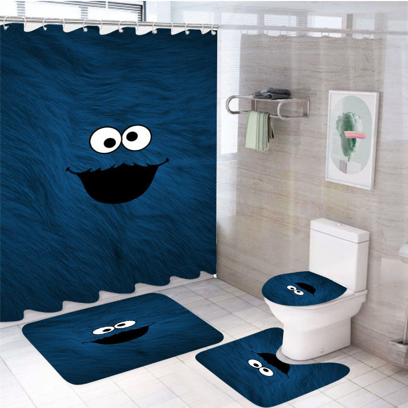 Spoky Blue 4Pcs Bathroom Non-Slip Rugs Shower Curtain Fabric Waterproof