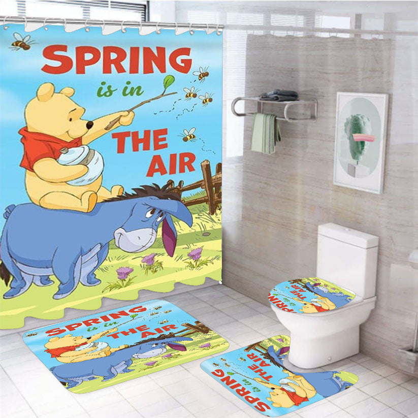 Spring In The Air Pooh And Eeyore 4Pcs Bathroom Non-Slip Rugs Shower Curtain Fabric Waterproof