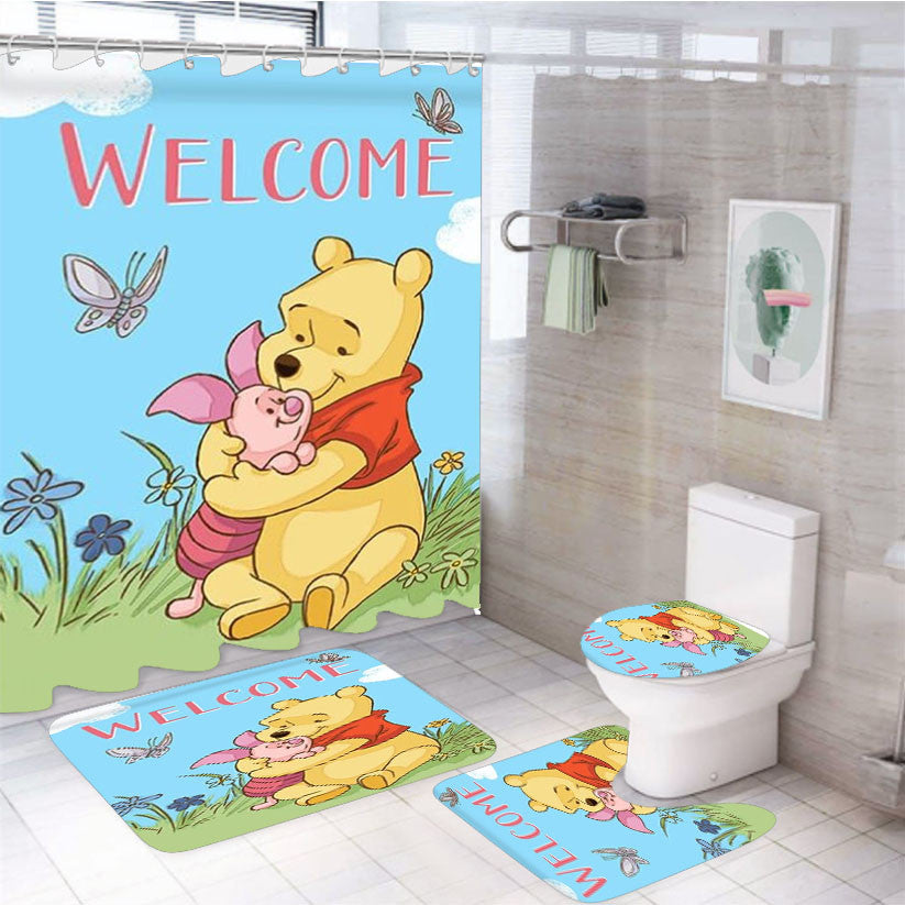 Spring Welcome Winnie The Pooh 4Pcs Bathroom Non-Slip Rugs Shower Curtain Fabric Waterproof
