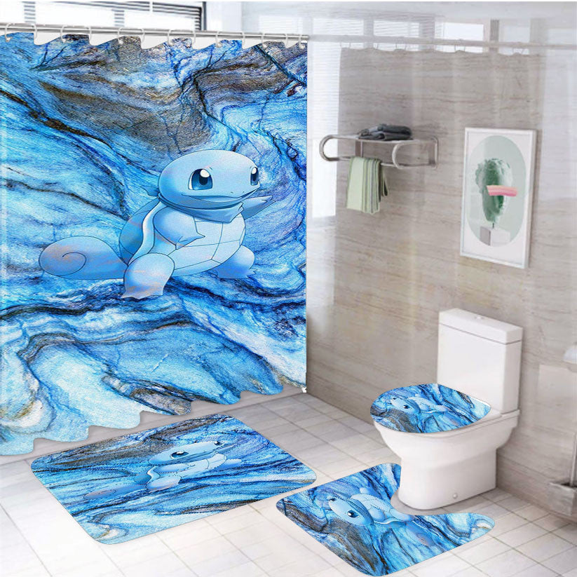 Squirtle Blue Marble X Stone 4Pcs Bathroom Non-Slip Rugs Shower Curtain Fabric Waterproof