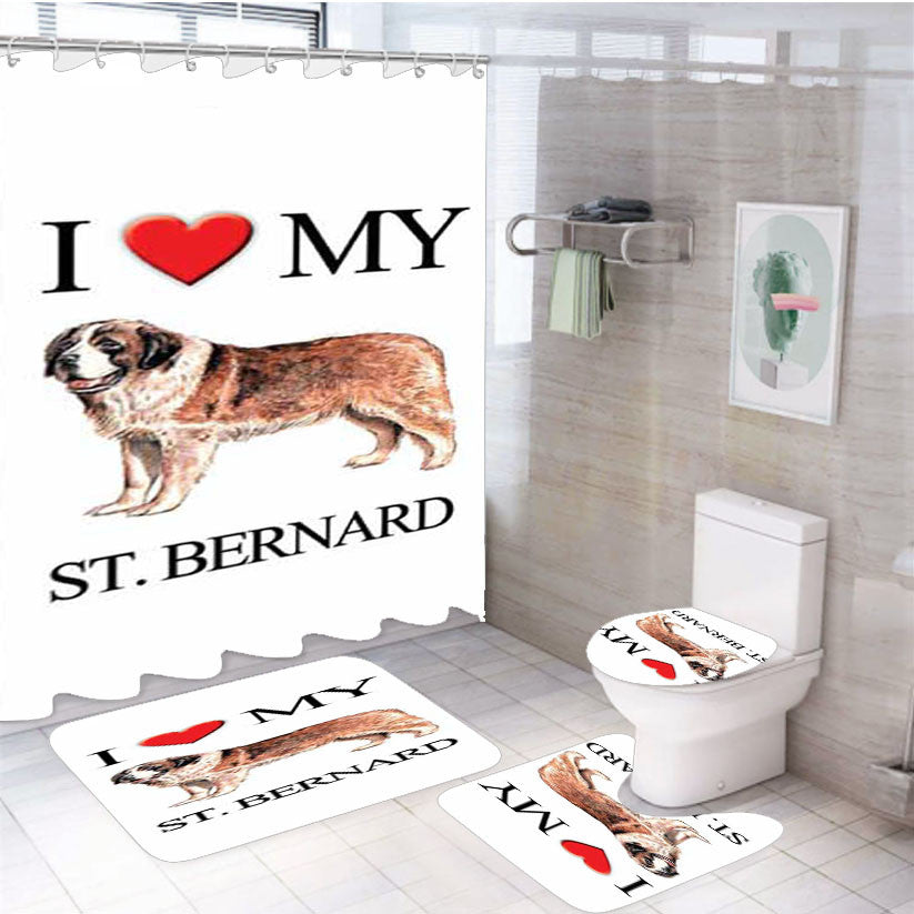 St Bernard I Heart 4Pcs Bathroom Non-Slip Rugs Shower Curtain Fabric Waterproof