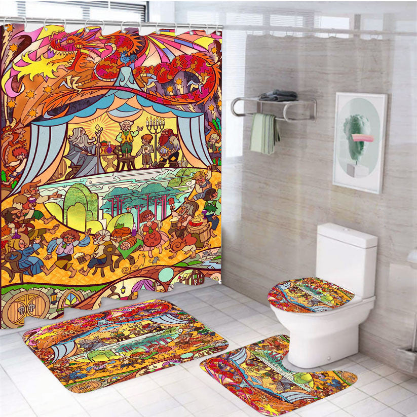 Stained Glass Inspired Art World Of Warcraft Game 4Pcs Bathroom Non-Slip Rugs Shower Curtain Fabric Waterproof