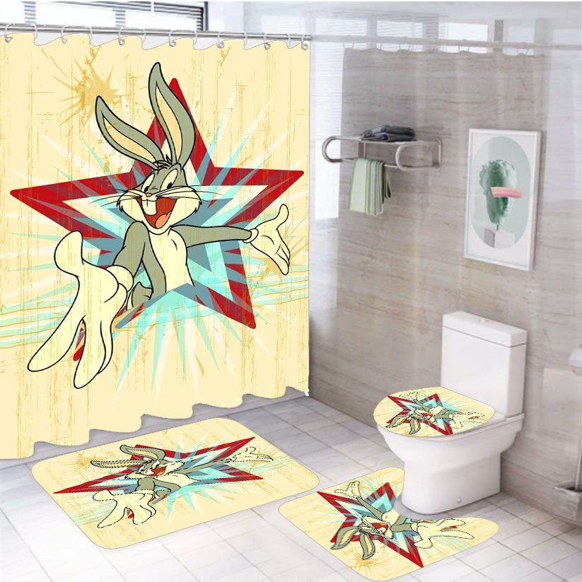 Star Bugs Bunny 4Pcs Bathroom Non-Slip Rugs Shower Curtain Fabric Waterproof