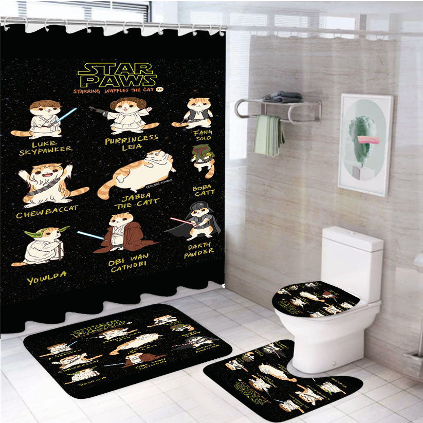 Star Paws Cute Starwars Style 4Pcs Bathroom Non-Slip Rugs Shower Curtain Fabric Waterproof