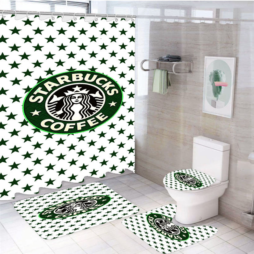 Starbucks Coffee Green Star Pattern 4Pcs Bathroom Non-Slip Rugs Shower Curtain Fabric Waterproof