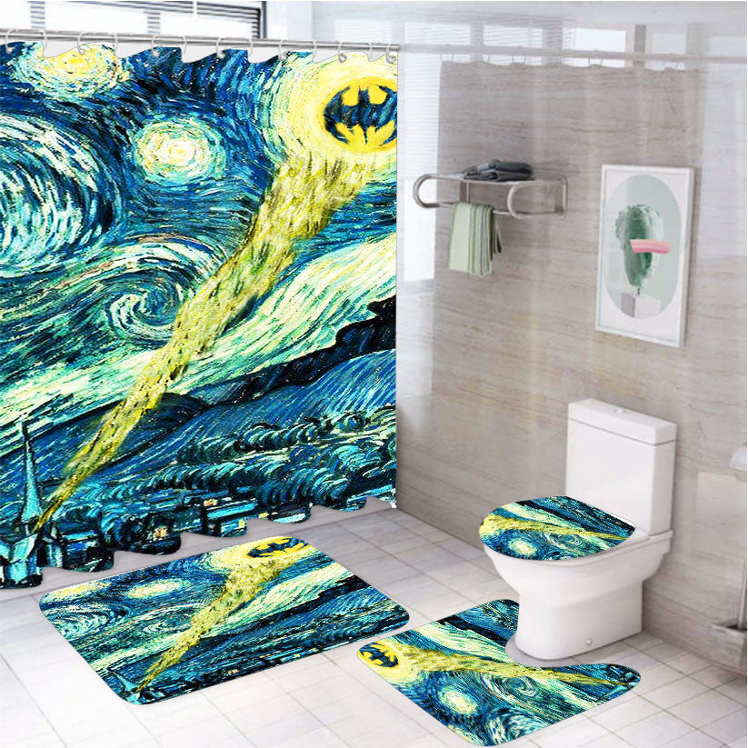 Starry Night Batman Logo 4Pcs Bathroom Non-Slip Rugs Shower Curtain Fabric Waterproof