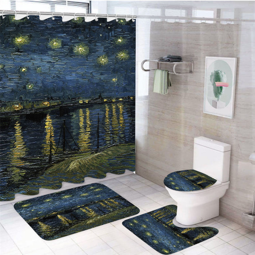 Starry Night Van Gogh 4Pcs Bathroom Non-Slip Rugs Shower Curtain Fabric Waterproof