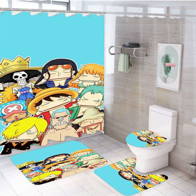 Straw Hat Pirates One Piece Cute Face 4Pcs Bathroom Non-Slip Rugs Shower Curtain Fabric Waterproof