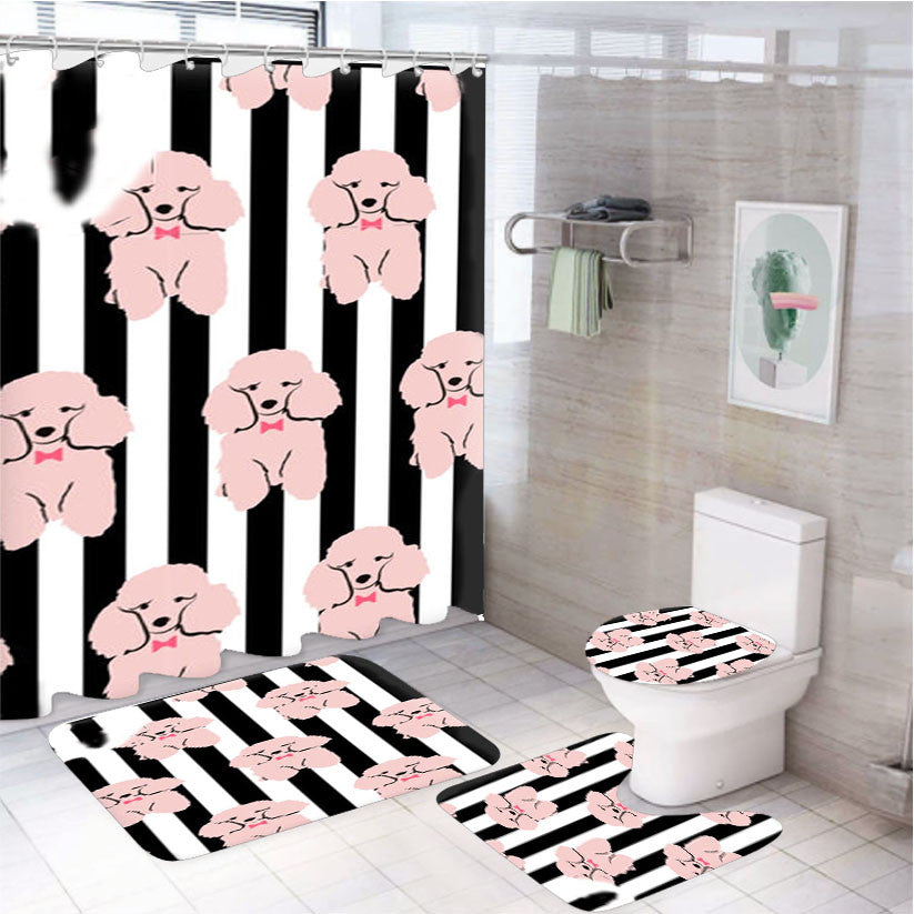 Striped Poodle - Dog Pattern 4Pcs Bathroom Non-Slip Rugs Shower Curtain Fabric Waterproof