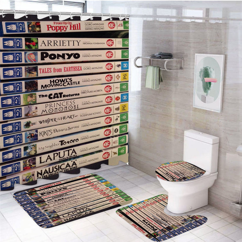 Studio Ghilbli Books 4Pcs Bathroom Non-Slip Rugs Shower Curtain Fabric Waterproof