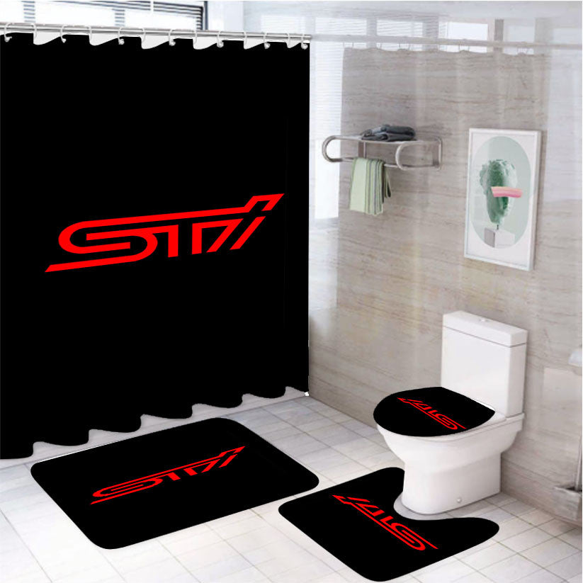 Subaru Sti Red Logo 4Pcs Bathroom Non-Slip Rugs Shower Curtain Fabric Waterproof