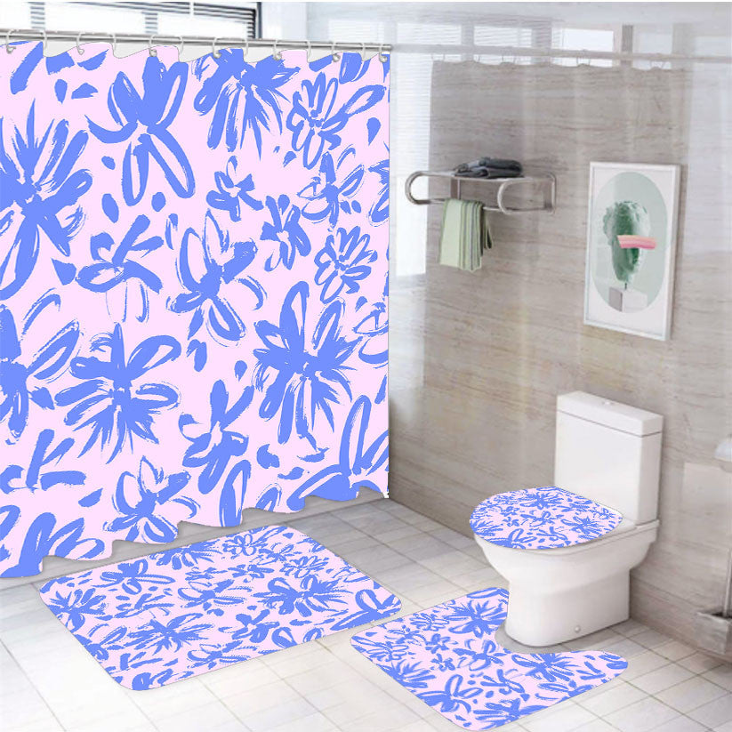Subtle Painted Flower 4Pcs Bathroom Non-Slip Rugs Shower Curtain Fabric Waterproof