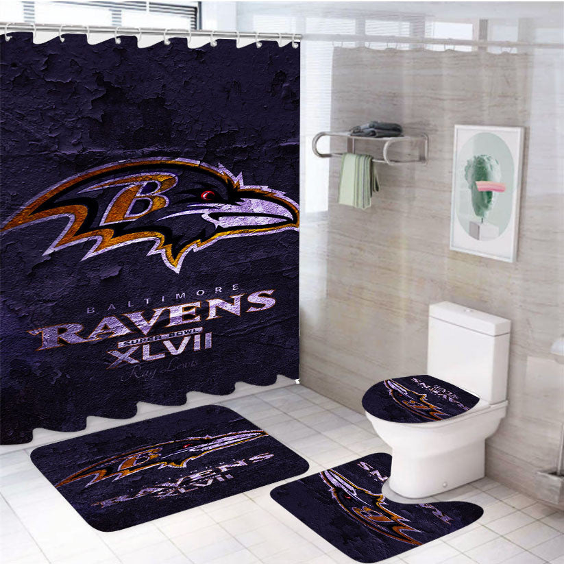 Super Bowl 2013 Baltimore Ravens Wallpaper 4Pcs Bathroom Non-Slip Rugs Shower Curtain Fabric Waterproof