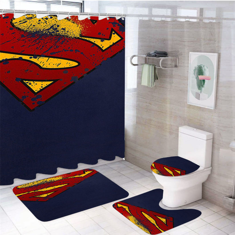 Super Herro Superman Blue 4Pcs Bathroom Non-Slip Rugs Shower Curtain Fabric Waterproof