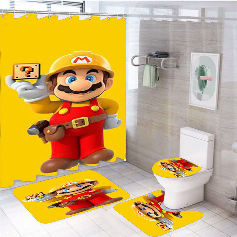 Super Mario-Maker 4Pcs Bathroom Non-Slip Rugs Shower Curtain Fabric Waterproof