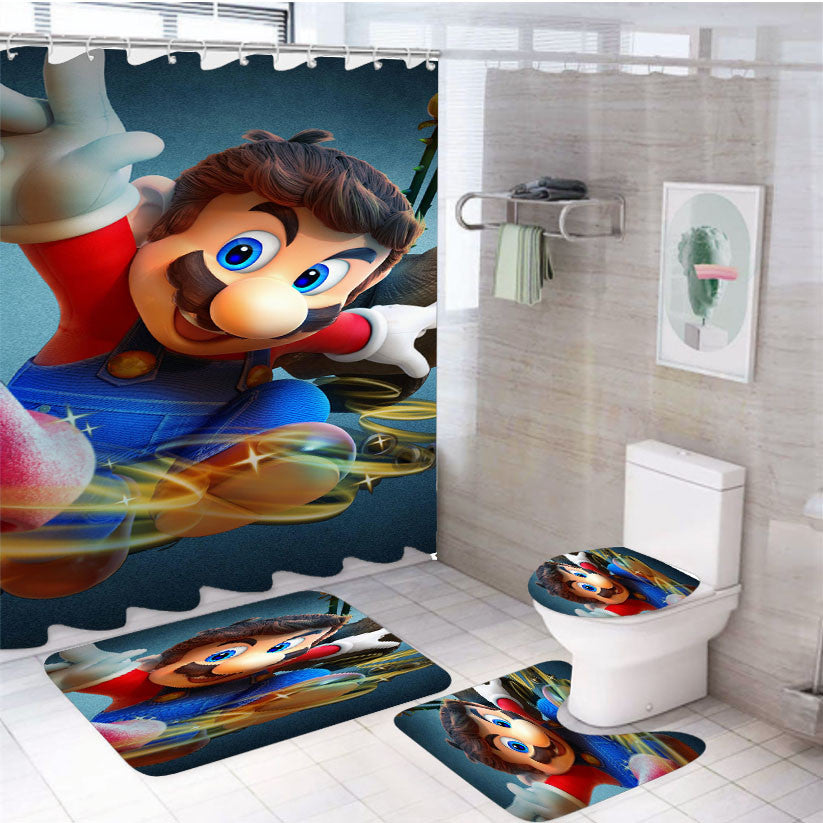 Super Mario 3 4Pcs Bathroom Non-Slip Rugs Shower Curtain Fabric Waterproof