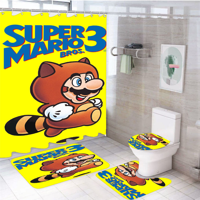 Super Mario 3 Bee 4Pcs Bathroom Non-Slip Rugs Shower Curtain Fabric Waterproof
