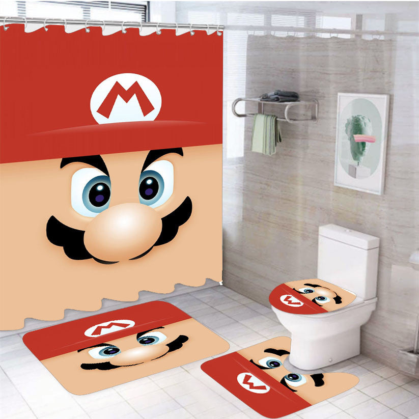 Super Mario Art 4Pcs Bathroom Non-Slip Rugs Shower Curtain Fabric Waterproof