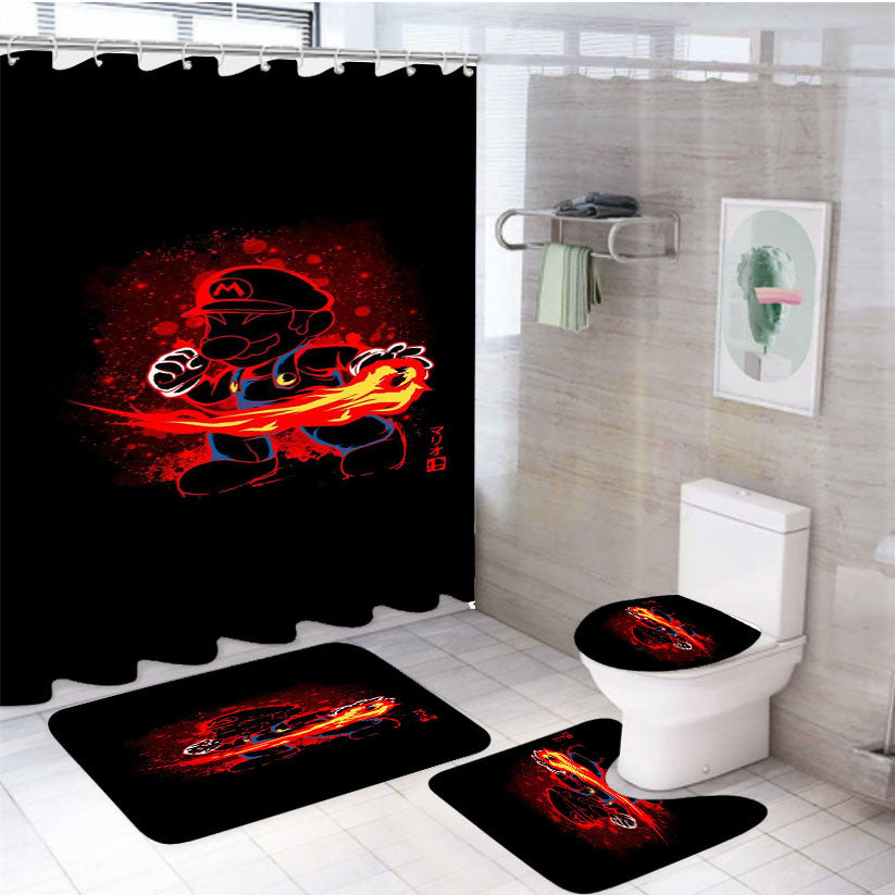 Super Mario Flame Fire Ball Power 4Pcs Bathroom Non-Slip Rugs Shower Curtain Fabric Waterproof