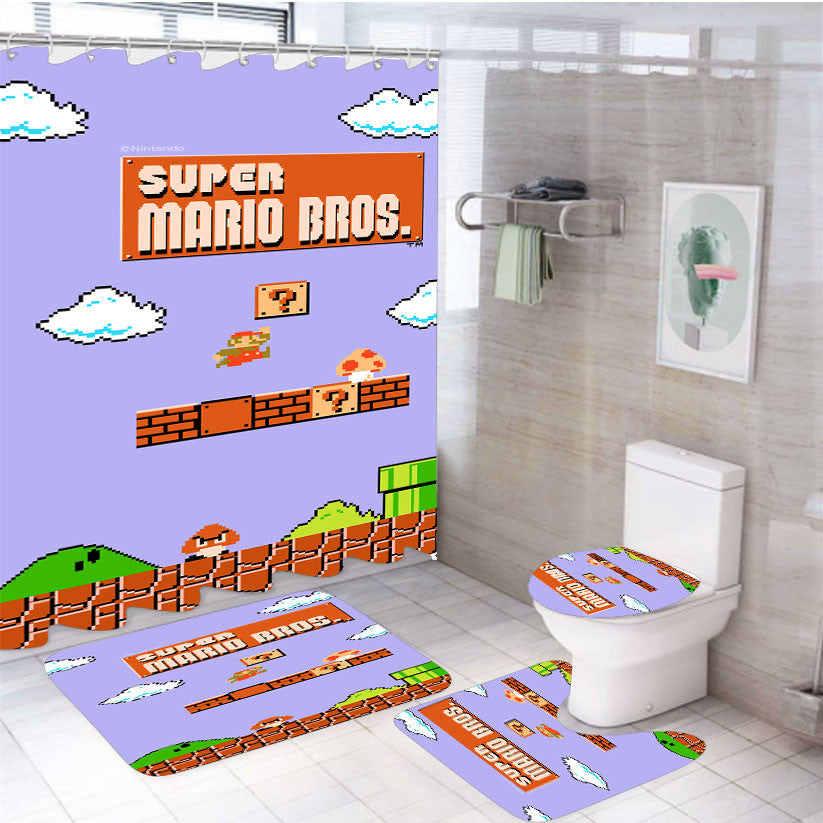 Super Mario Game Background 4Pcs Bathroom Non-Slip Rugs Shower Curtain Fabric Waterproof