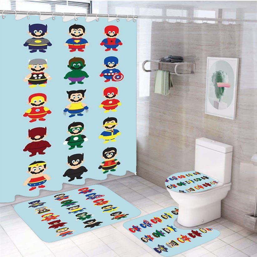 Super Mario Superhero 4Pcs Bathroom Non-Slip Rugs Shower Curtain Fabric Waterproof
