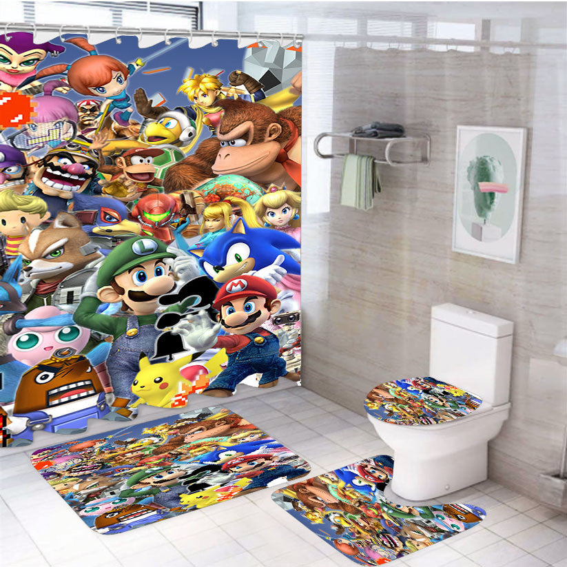 Super Smash Bros Brawl Friend All Nintendo Characters 4Pcs Bathroom Non-Slip Rugs Shower Curtain Fabric Waterproof
