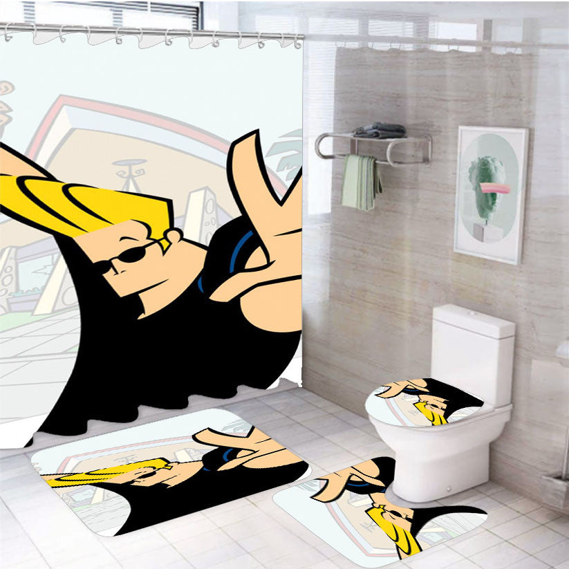 Swag Classic Johnny Bravo Cartoon 4Pcs Bathroom Non-Slip Rugs Shower Curtain Fabric Waterproof